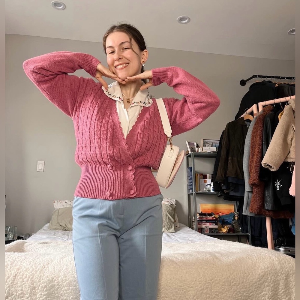 Vintage Rose-Pink Cable Knit Button Cardigan